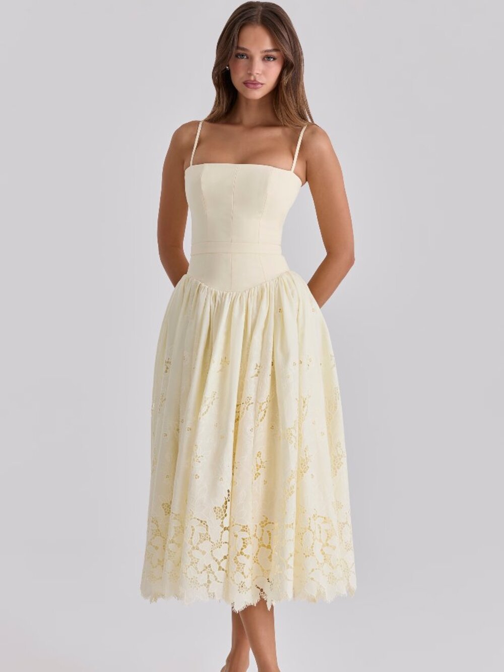 House of CB Ysabella Lemon Custom Lace Midi Cotton Sundress